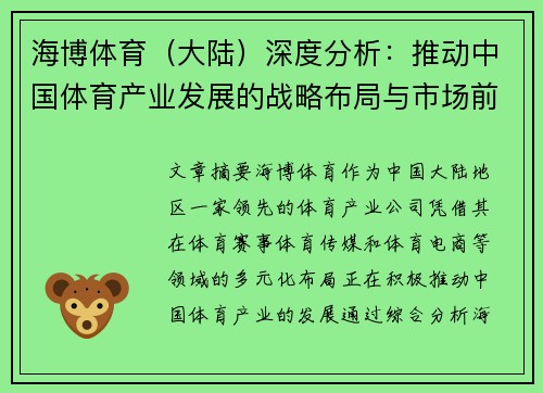 海博体育（大陆）深度分析：推动中国体育产业发展的战略布局与市场前景